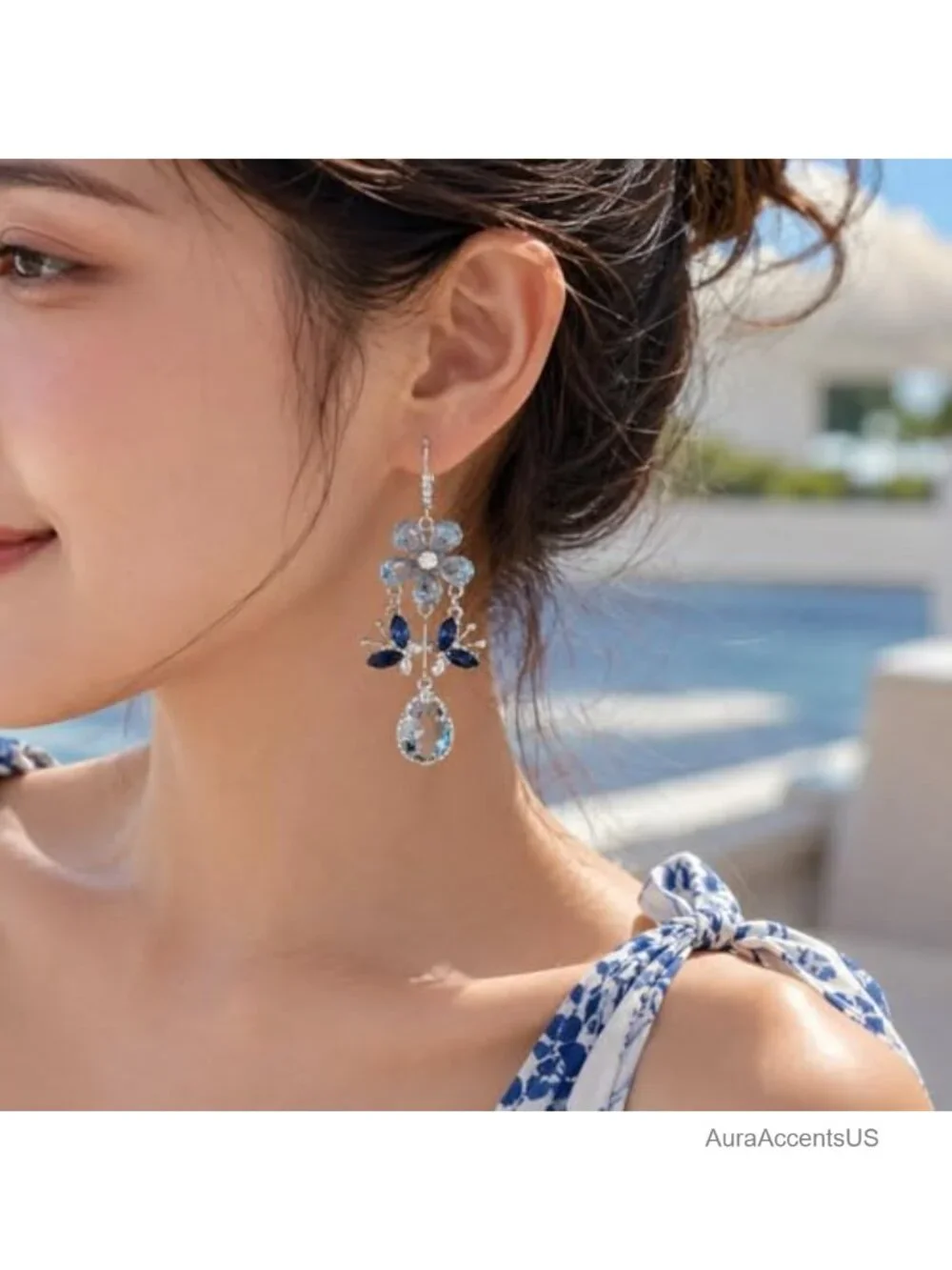 Blue Crystal Flower Butterfly Drop Earrings for Women, Silver Tone Rhinestone